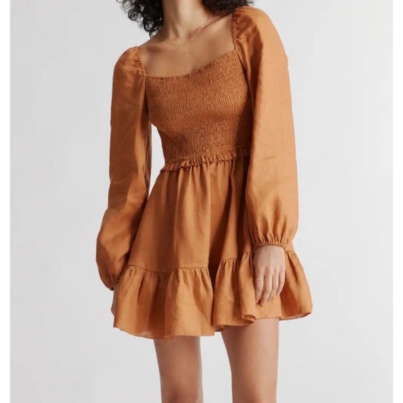 Quince Dresses & Skirts - Quince European Linen Smocked Mini Long Sleeve Dress Terracotta Brown XS Peasant